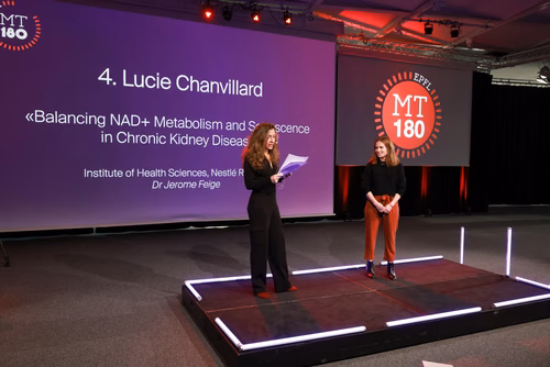 The 14 PhD Students finalists of the competition My Thesis in 180 seconds (MT180)  present their research in simple, straightforward terms in 3 minutes exactly, in English or in French, using humour, metaphores and examples. Lucie Chanvillard, «Balancing NAD+ Metabolism and Senescence in Chronic Kidney Disease», Institute of Health Sciences, Nestlé Research (Dr. Jerome Feige), Français