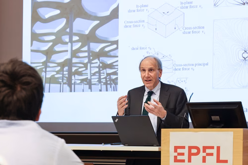 Introduction by Dean Katrin Beyer and Prof. Stephen Foster (President of the International Federation for Structural Concrete, fib). Lecture by Prof. Aurelio Muttoni, conclusion by Prof. Andreas Mortensen (EPFL Associate Vice President for Research).
