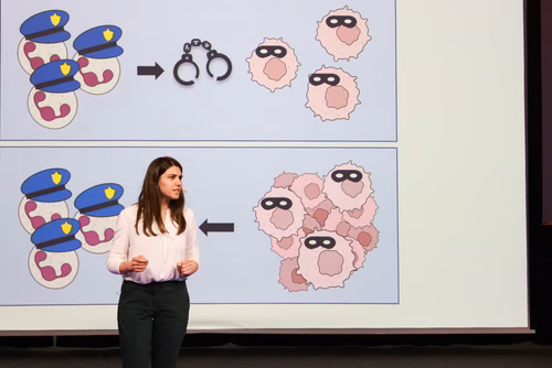 The 14 PhD Students finalists of the competition My Thesis in 180 seconds (MT180)  present their research in simple, straightforward terms in 3 minutes exactly, in English or in French, using humour, metaphores and examples. Anita Bodac, «Targeting innate immunity aging to fight lung cancer», Labo Approches moléculaires du vivant et ISREC (Prof. Etienne Meylan & Freddy Radtke), Français