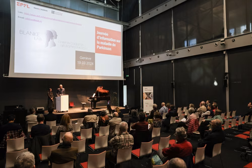 Séance d'information et de présentation des résultats de recherche sur la maladie de Parkinson au Campus Biotech Genève.