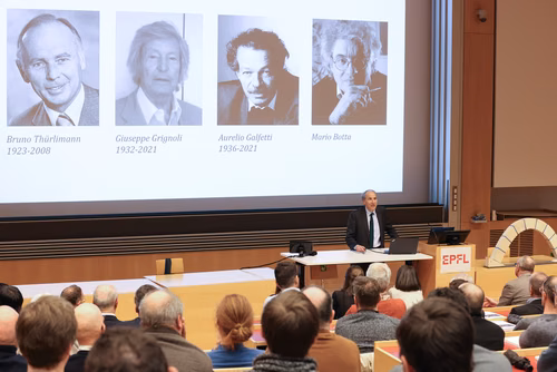 Introduction by Dean Katrin Beyer and Prof. Stephen Foster (President of the International Federation for Structural Concrete, fib). Lecture by Prof. Aurelio Muttoni, conclusion by Prof. Andreas Mortensen (EPFL Associate Vice President for Research).