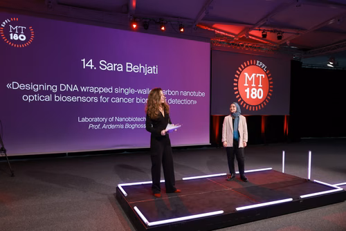 The 14 PhD Students finalists of the competition My Thesis in 180 seconds (MT180)  present their research in simple, straightforward terms in 3 minutes exactly, in English or in French, using humour, metaphores and examples. Sara Behjati, «Designing DNA wrapped single-walled carbon nanotube optical biosensors for cancer biomarker detection», Nanobiotechnology Lab (Prof. Ardemis Boghossian), English