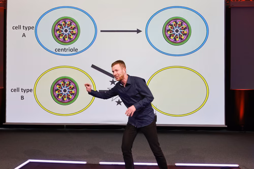 The 14 PhD Students finalists of the competition My Thesis in 180 seconds (MT180)  present their research in simple, straightforward terms in 3 minutes exactly, in English or in French, using humour, metaphores and examples. Nils Kalbfuss, «Dissecting centriole fate during C. elegans development», Cell and Developmental Biology Lab (Prof. Pierre Gönczy), English