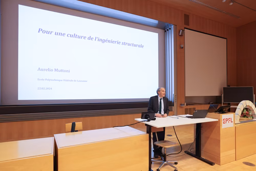 Introduction by Dean Katrin Beyer and Prof. Stephen Foster (President of the International Federation for Structural Concrete, fib). Lecture by Prof. Aurelio Muttoni, conclusion by Prof. Andreas Mortensen (EPFL Associate Vice President for Research).