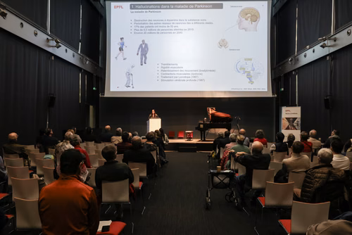 Séance d'information et de présentation des résultats de recherche sur la maladie de Parkinson au Campus Biotech Genève.