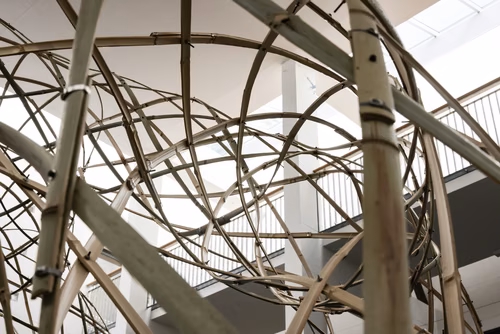 Une collaboration entre le Laboratoire d’informatique géométrique de l’EPFL et une artiste britannique débouche sur la création d’une impressionnante structure en bambous tressés.